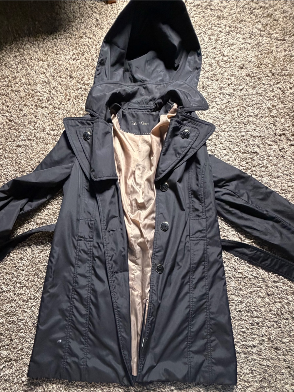 Calvin Klein Black Hooded Trench Coat with Beige Lining